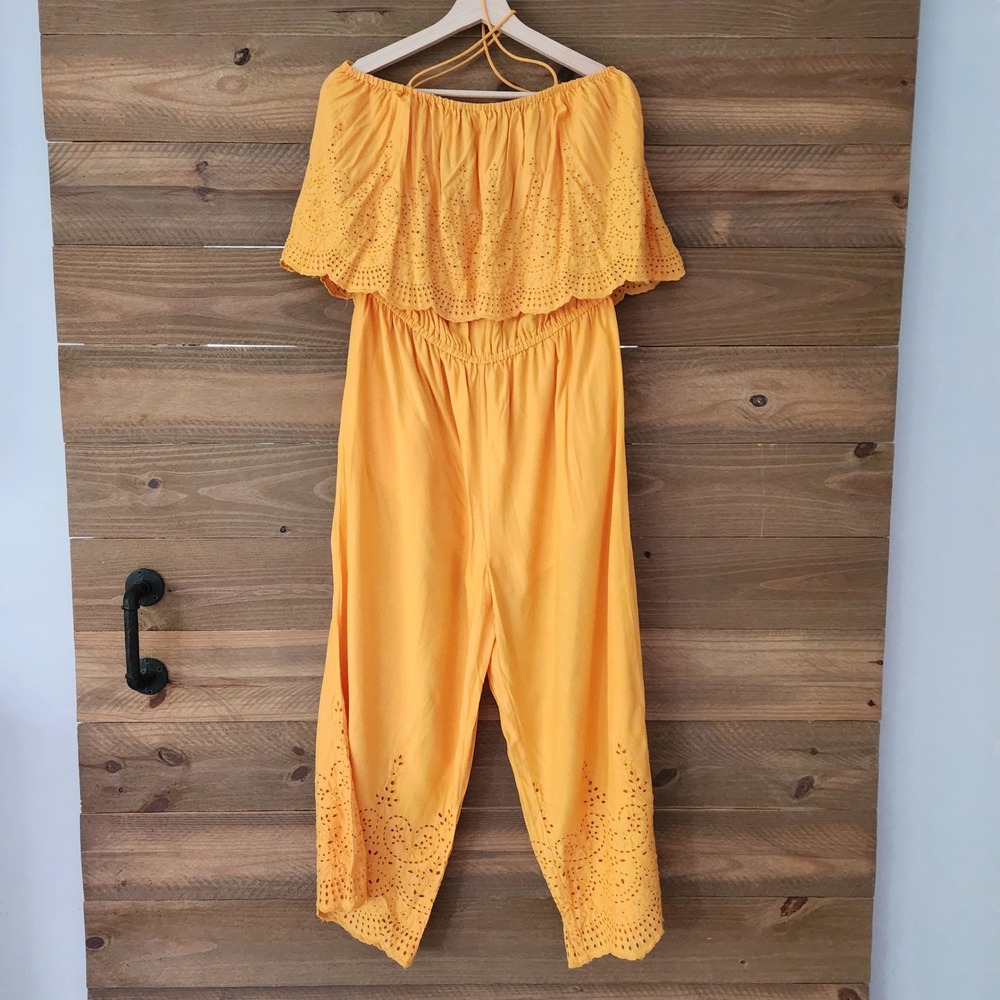 NEW TopShop‎ yellow eyelet off shoulder jumpsuit one piece womens size 12